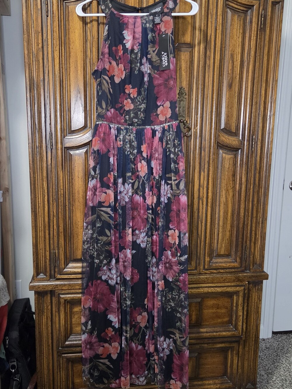 NWT Lovely Grace Floral Mesh Maxi Dress Beaded Waist Halter Neck Black Pink S